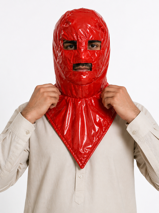 Glossy Red Nylon Full-Face Balaclava with V-Shaped Facemask