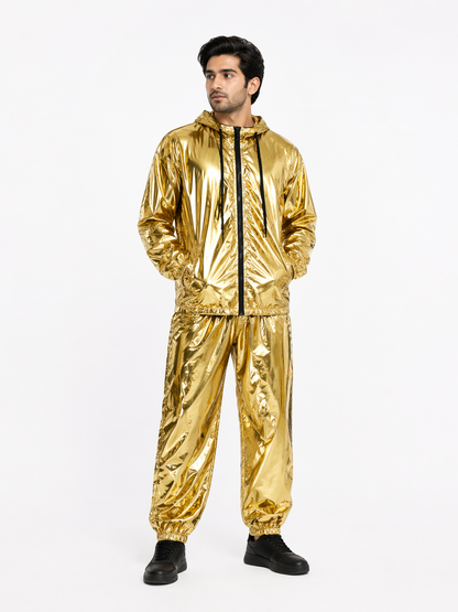 Gold Shiny Nylon Hooded Tracksuit