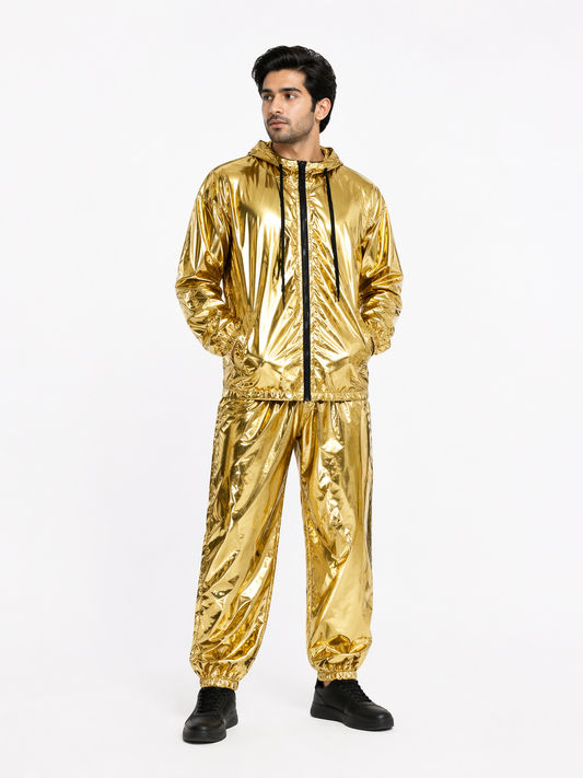 Gold Shiny Nylon Hooded Tracksuit