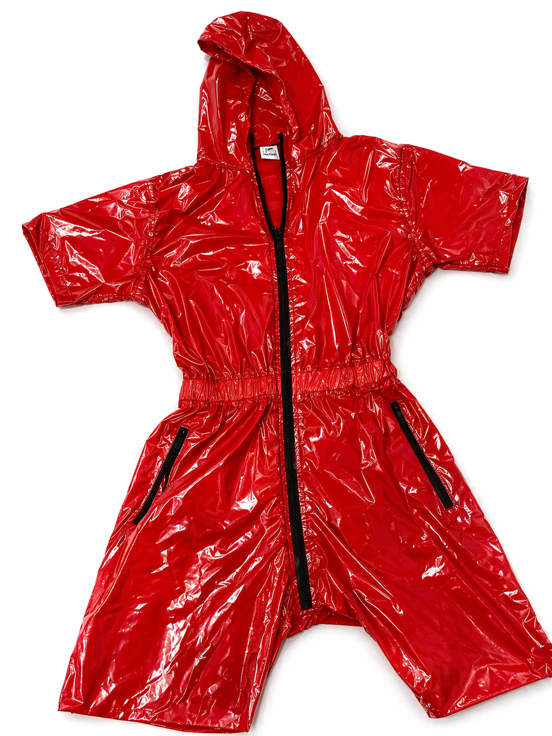 Shiny Red Nylon Hooded Romper Glossy Short Sleeve