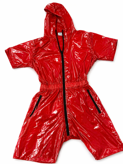Shiny Red Nylon Hooded Romper Glossy Short Sleeve