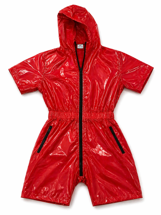 Shiny Red Nylon Hooded Romper Glossy Short Sleeve