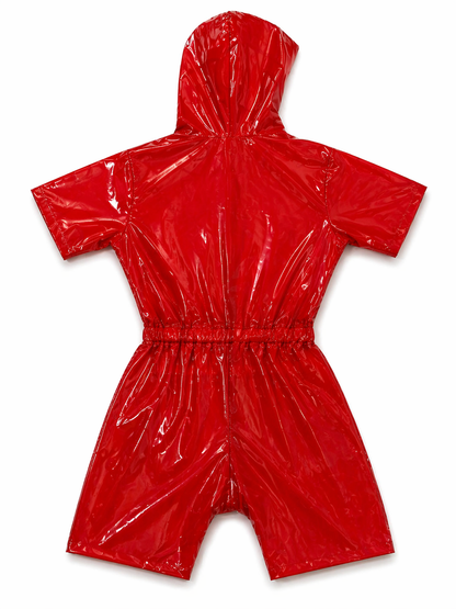 Shiny Red Nylon Hooded Romper Glossy Short Sleeve