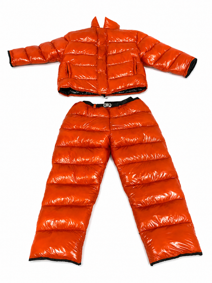 Oversized Red Shiny Puffer Glossy Padded Jacket & Wide-Leg Trousers set