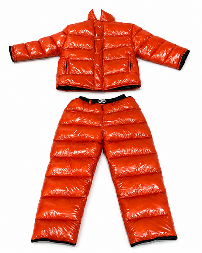 Oversized Red Shiny Puffer Glossy Padded Jacket & Wide-Leg Trousers set