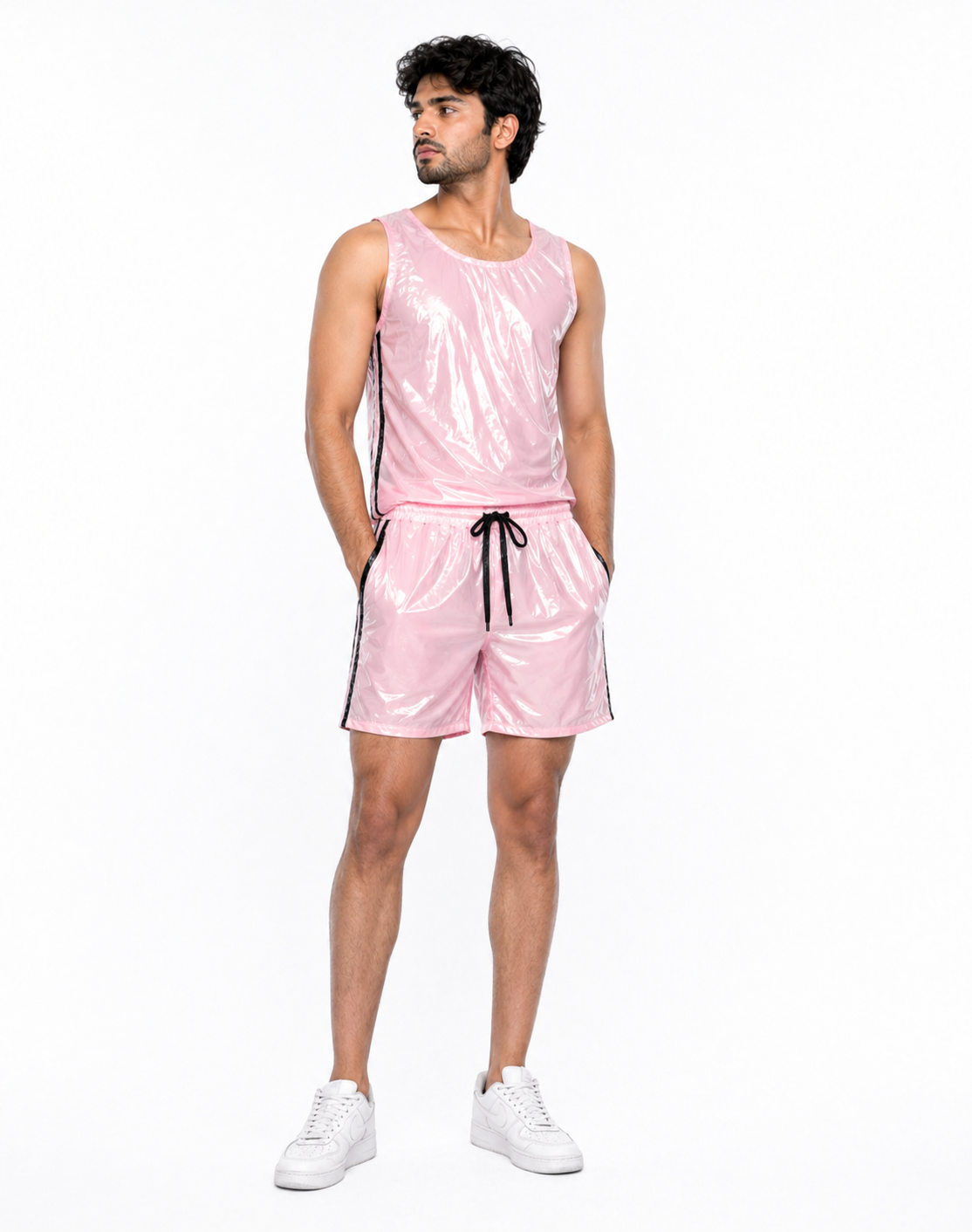 Shiny Nylon Athletic Lightweight Tank Top & Shorts Set