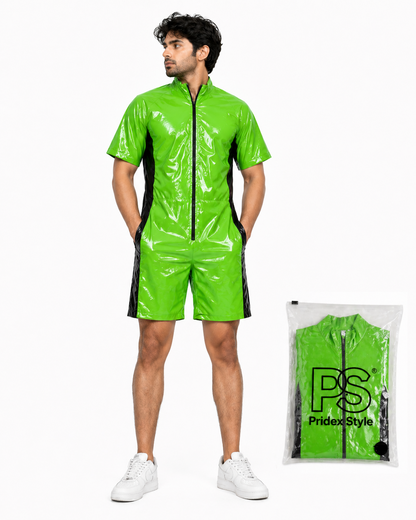 Men’s Shiny Light Blue Nylon Romper Short Sleeve