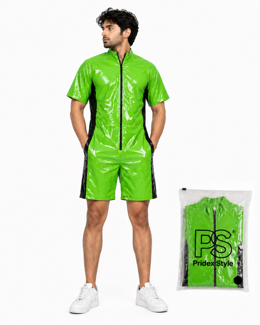 Men’s Shiny Light Blue Nylon Romper Short Sleeve