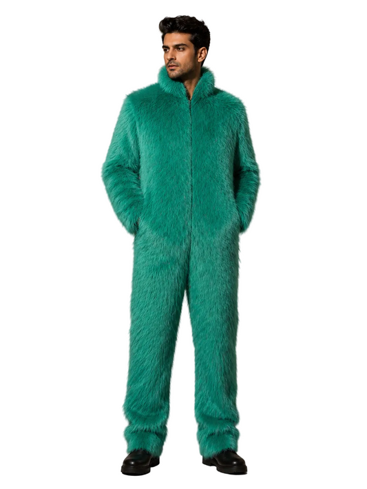 Men’s Turquoise Faux Fur Jumpsuit with Front Zipper