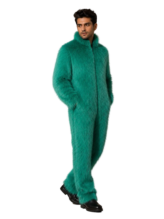 Men’s Turquoise Faux Fur Jumpsuit with Front Zipper