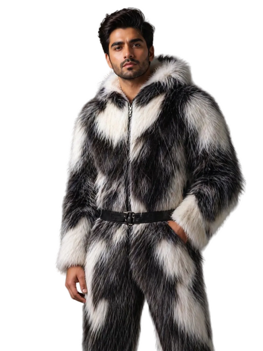 Men’s Black & White Faux Fur Jumpsuit Hooded with Belt