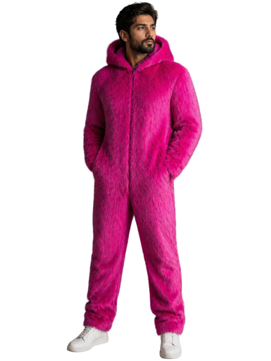 Men’s Magenta Pink Faux Fur Jumpsuit Hooded One-Piece Fur Suit