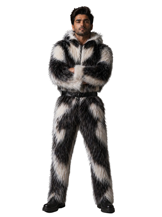 Men’s Black & White Faux Fur Jumpsuit Hooded with Belt