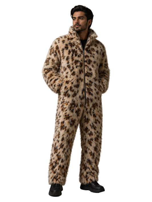 Men’s Leopard Print Faux Fur Jumpsuit