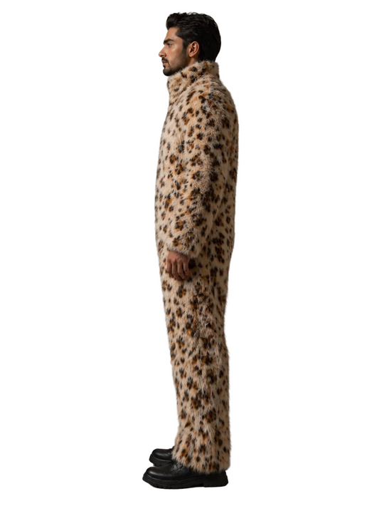 Men’s Leopard Print Faux Fur Jumpsuit