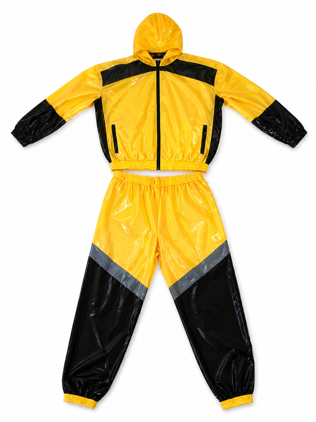 Shiny Nylon Yellow Tracksuit with Black & Gray Panels