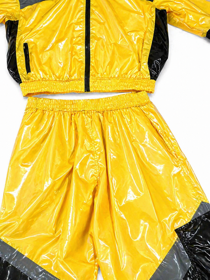 Shiny Nylon Yellow Tracksuit with Black & Gray Panels