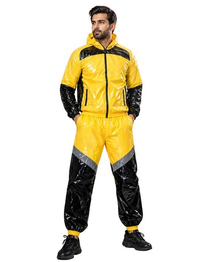 Shiny Nylon Yellow Tracksuit with Black & Gray Panels