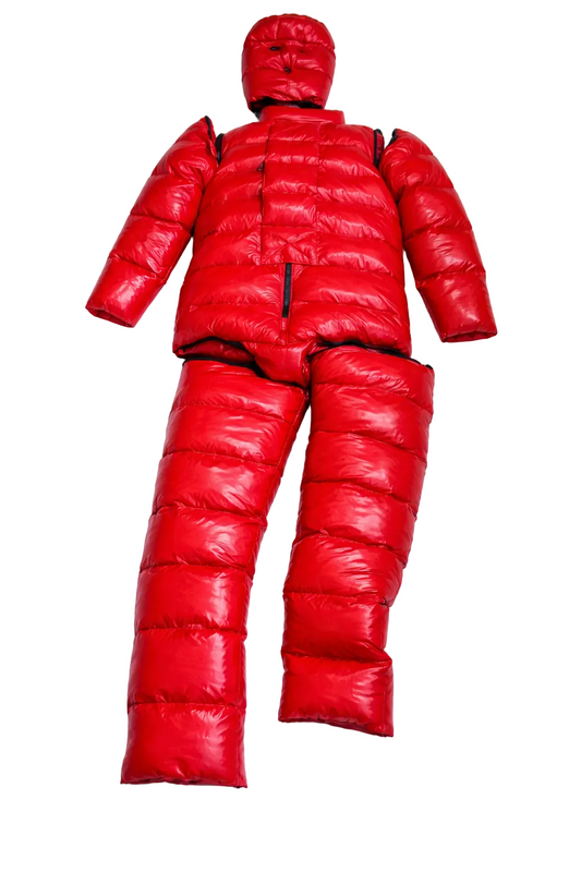 Men’s Red Shiny Nylon Puffer Suit Set  Jacket, Hood & Pants