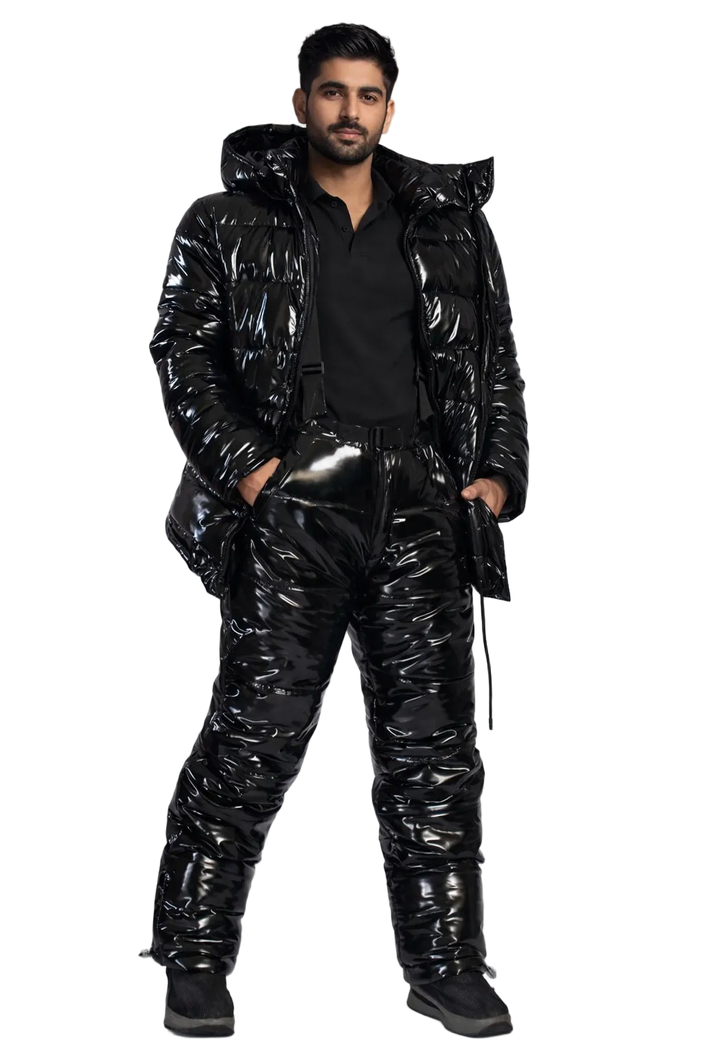 Black Glossy Nylon Puffer Set Hooded Insulated Jacket and Pants