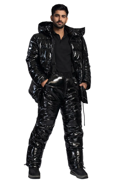 Black Glossy Nylon Puffer Set Hooded Insulated Jacket and Pants