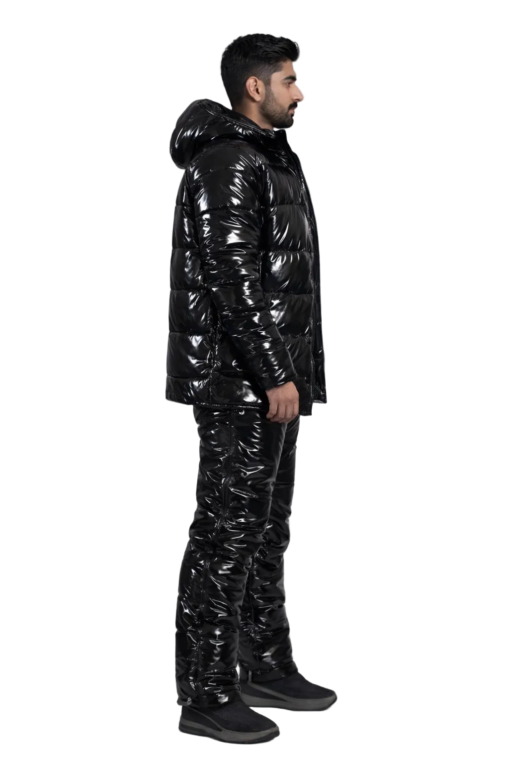 Black Glossy Nylon Puffer Set Hooded Insulated Jacket and Pants