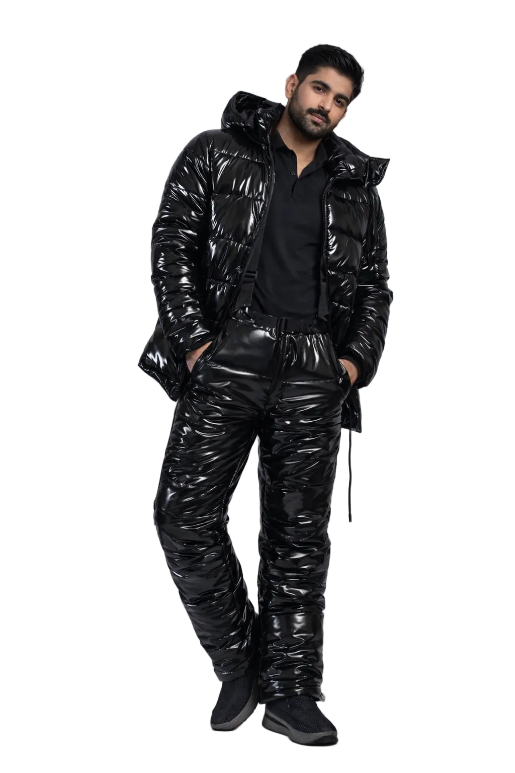Black Glossy Nylon Puffer Set Hooded Insulated Jacket and Pants
