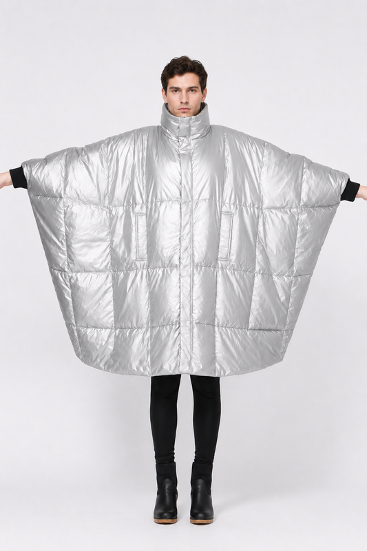 Silver Shiny Nylon Pro Puffer Poncho Coat
