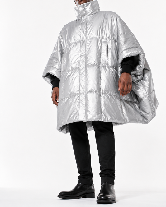 Silver Shiny Nylon Pro Puffer Poncho Coat