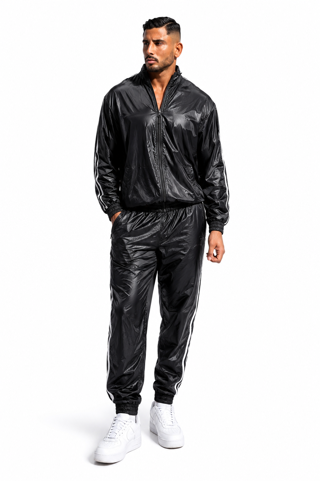 Black Shiny Nylon Pro Tracksuit  Zip-Up Streetwear Jogger Set