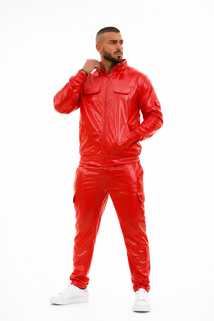 Black Shiny Nylon Pro Tracksuit  Zip Up Streetwear Jogger Set