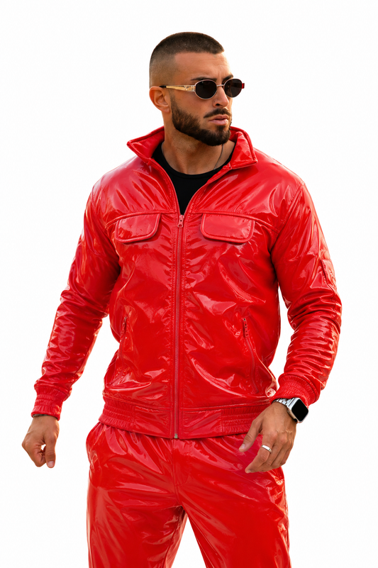 Black Shiny Nylon Pro Tracksuit  Zip Up Streetwear Jogger Set