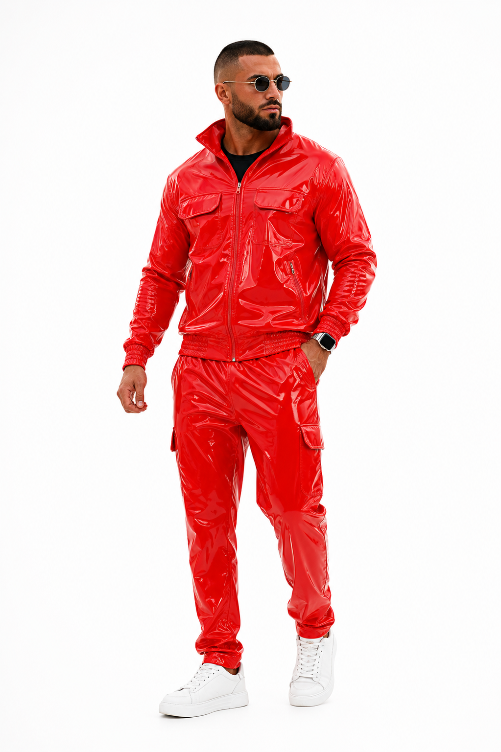 Black Shiny Nylon Pro Tracksuit  Zip Up Streetwear Jogger Set