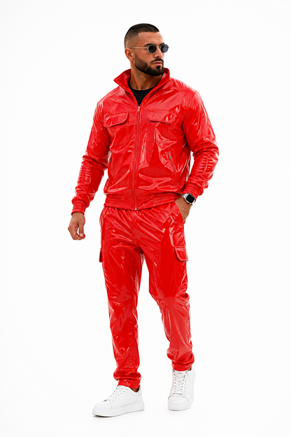 Black Shiny Nylon Pro Tracksuit  Zip Up Streetwear Jogger Set