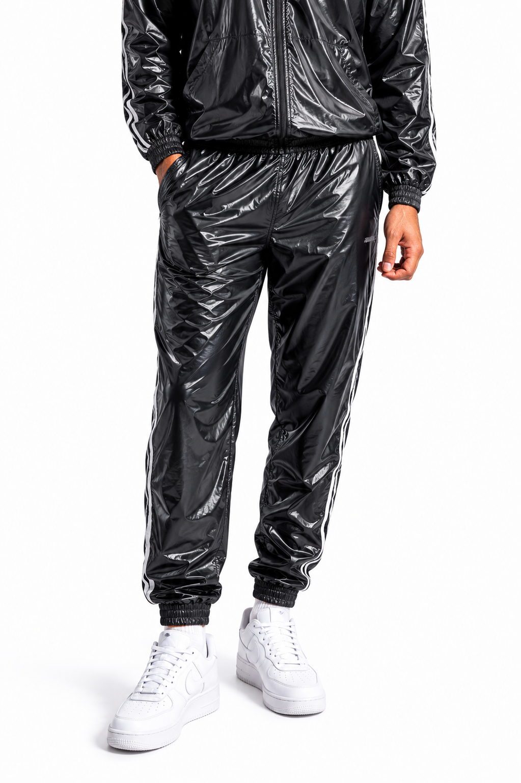 Black Shiny Nylon Pro Tracksuit  Zip-Up Streetwear Jogger Set