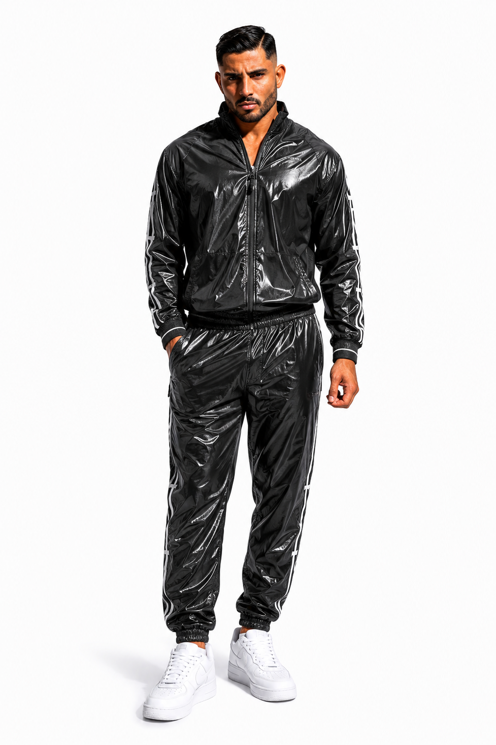 Black Shiny Nylon Pro Tracksuit  Zip-Up Streetwear Jogger Set