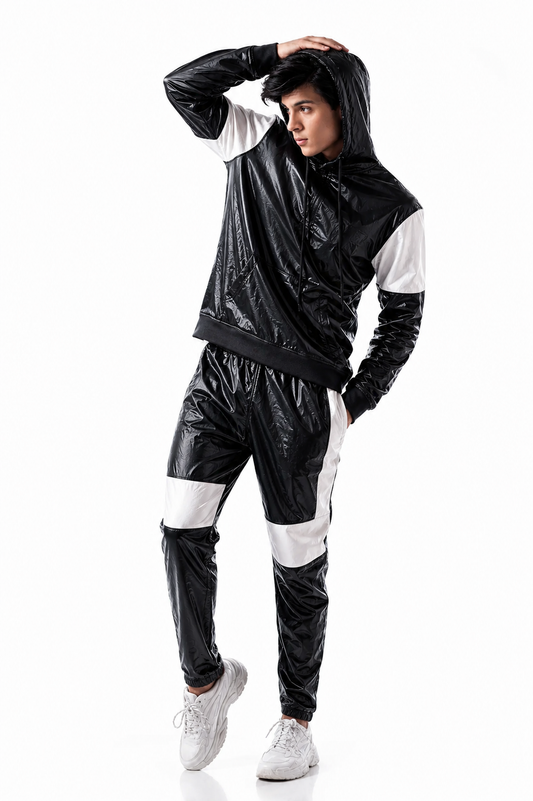Men’s Black White Shiny Nylon Pro Hooded Tracksuit