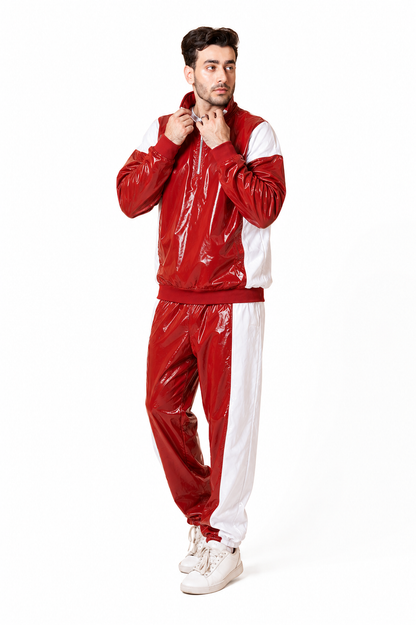 Men’s Shiny Nylon Pro Tracksuit Set Red White Glossy Half Panel