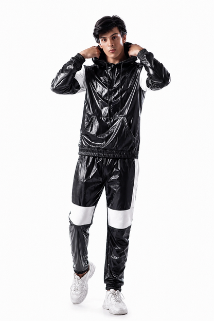 Men’s Black White Shiny Nylon Pro Hooded Tracksuit