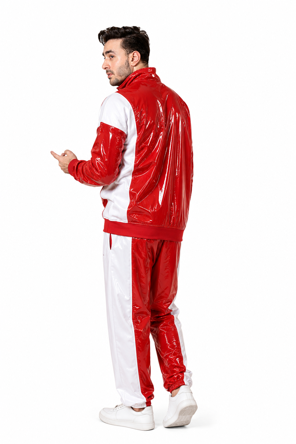 Men’s Shiny Nylon Pro Tracksuit Set Red White Glossy Half Panel