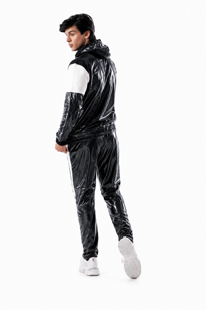 Men’s Black White Shiny Nylon Pro Hooded Tracksuit