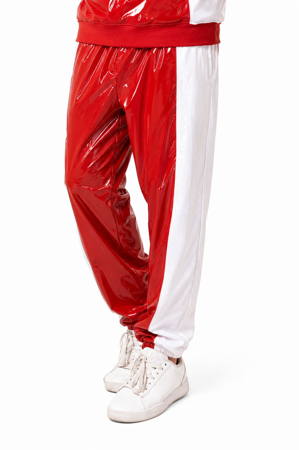 Men’s Shiny Nylon Pro Tracksuit Set Red White Glossy Half Panel