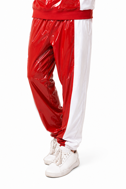 Men’s Shiny Nylon Pro Tracksuit Set Red White Glossy Half Panel