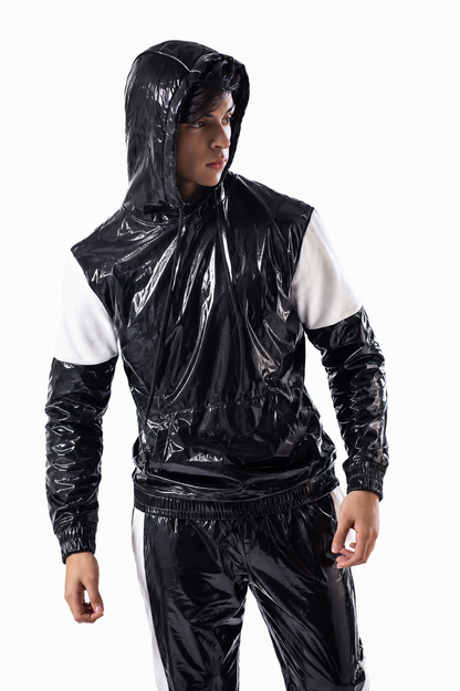 Men’s Black White Shiny Nylon Pro Hooded Tracksuit