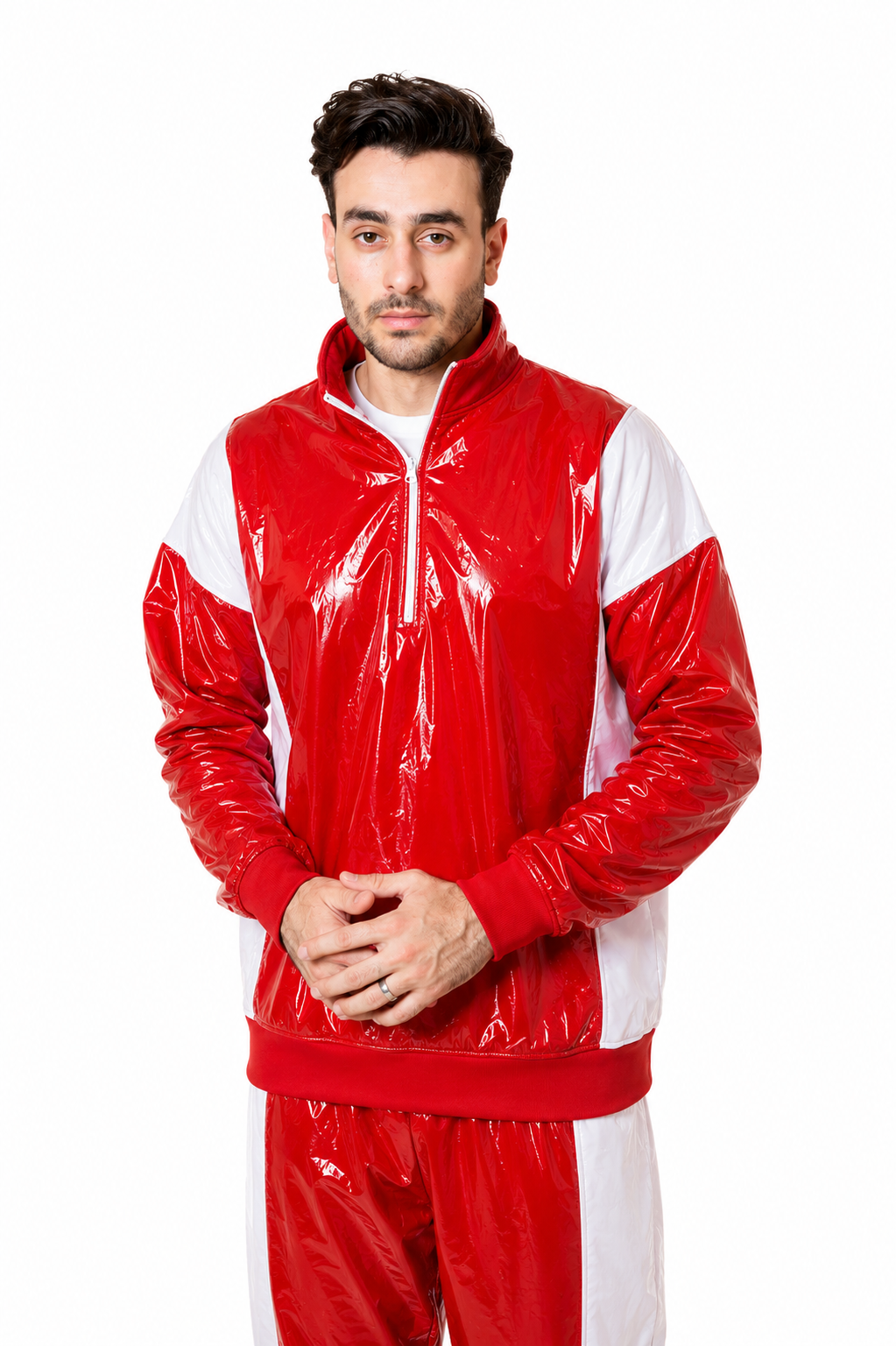 Men’s Shiny Nylon Pro Tracksuit Set Red White Glossy Half Panel