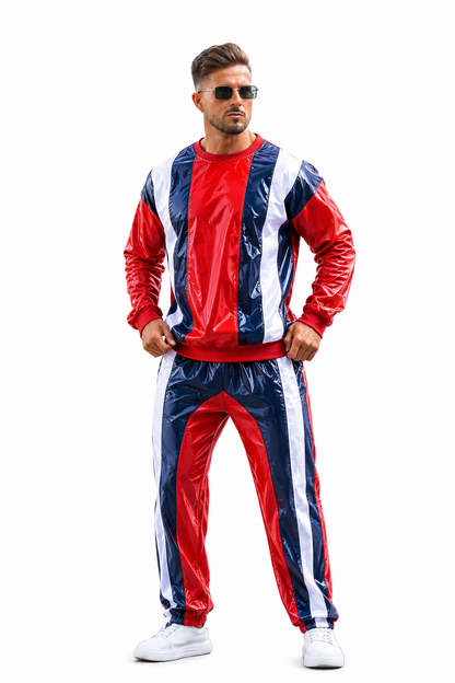Men’s Retro Shiny Nylon Pro Tracksuit Set Red Navy White Striped