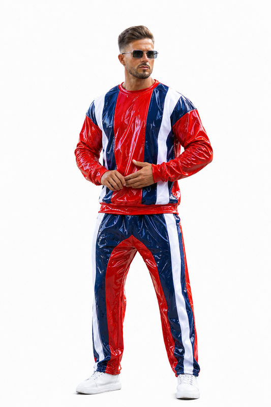 Men’s Retro Shiny Nylon Pro Tracksuit Set Red Navy White Striped