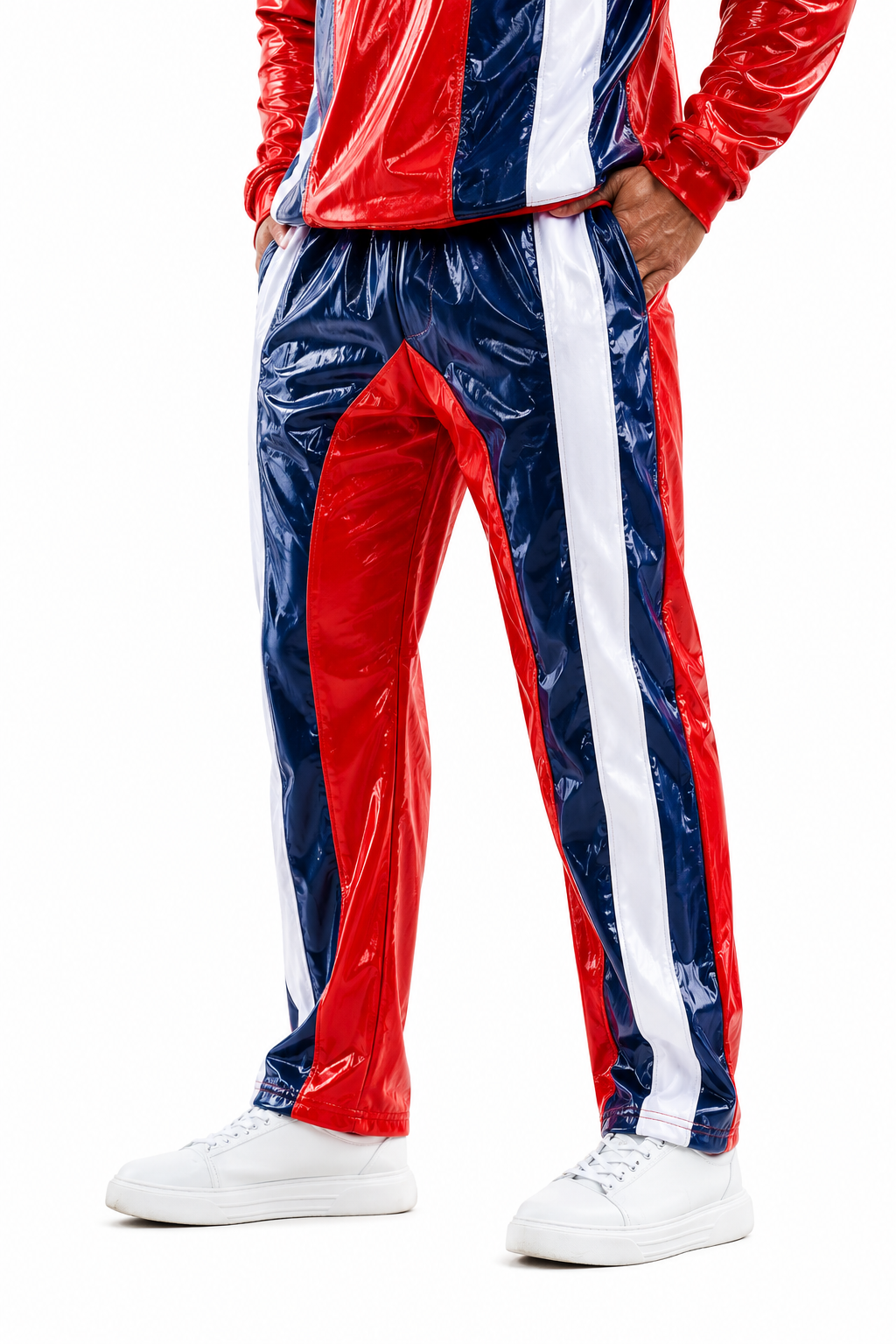 Men’s Retro Shiny Nylon Pro Tracksuit Set Red Navy White Striped