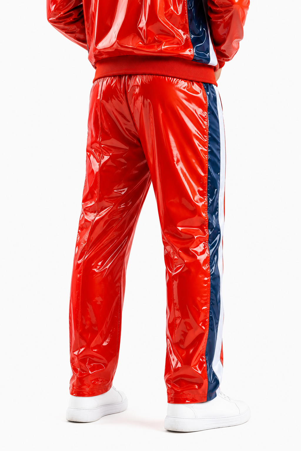 Men’s Retro Shiny Nylon Pro Tracksuit Set Red Navy White Striped