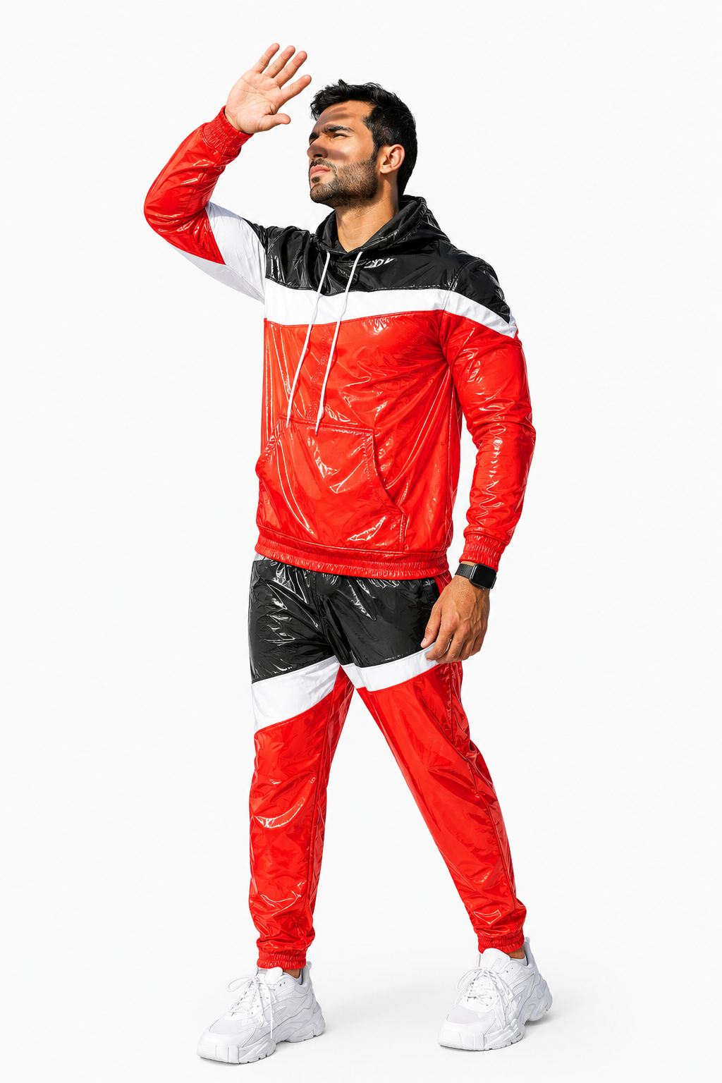 Men’s Shiny Nylon Pro Tracksuit Set Red Black White Color Block Hooded